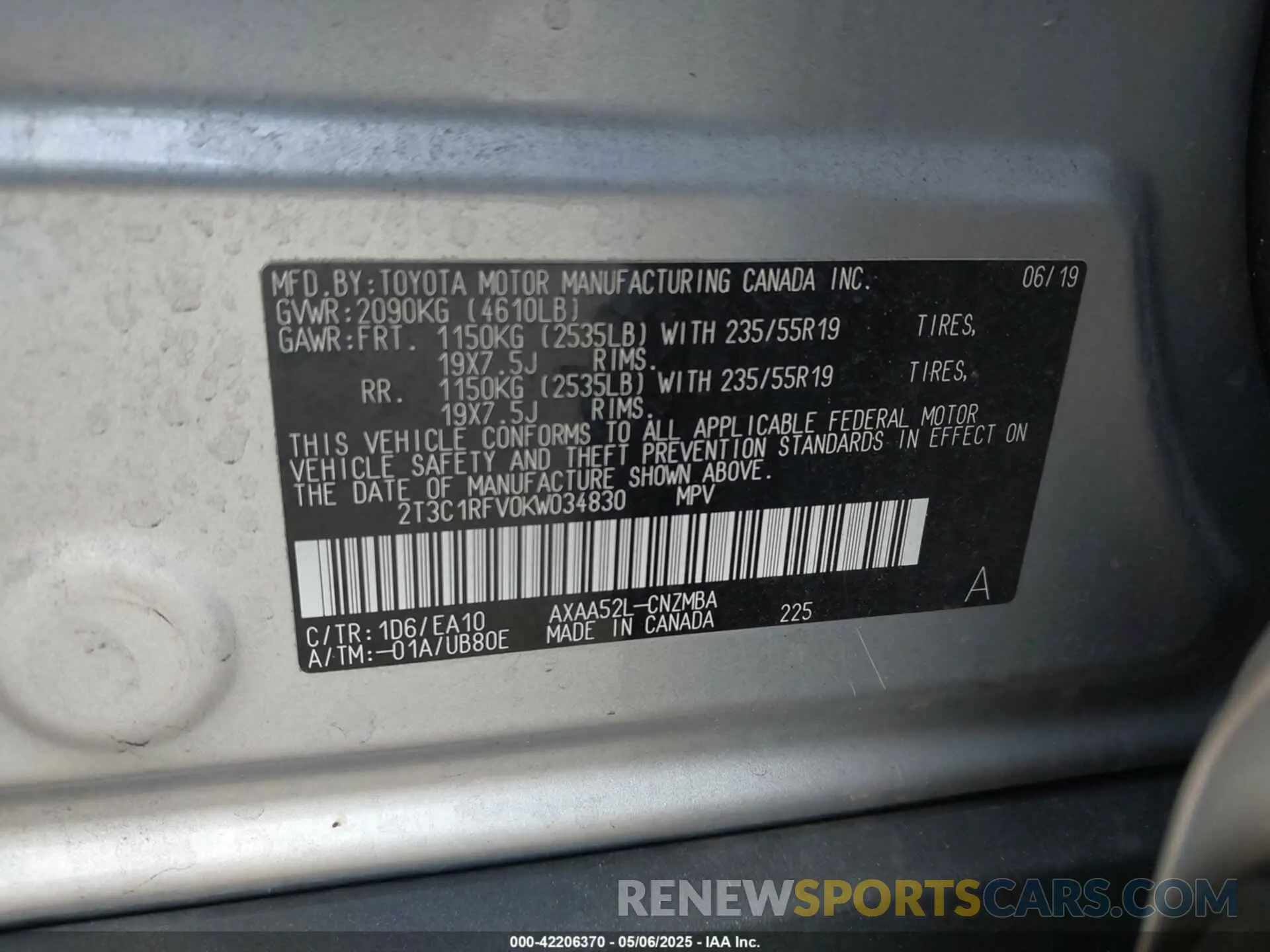 9 Photograph of a damaged car 2T3C1RFV0KW034830 TOYOTA RAV4 2019