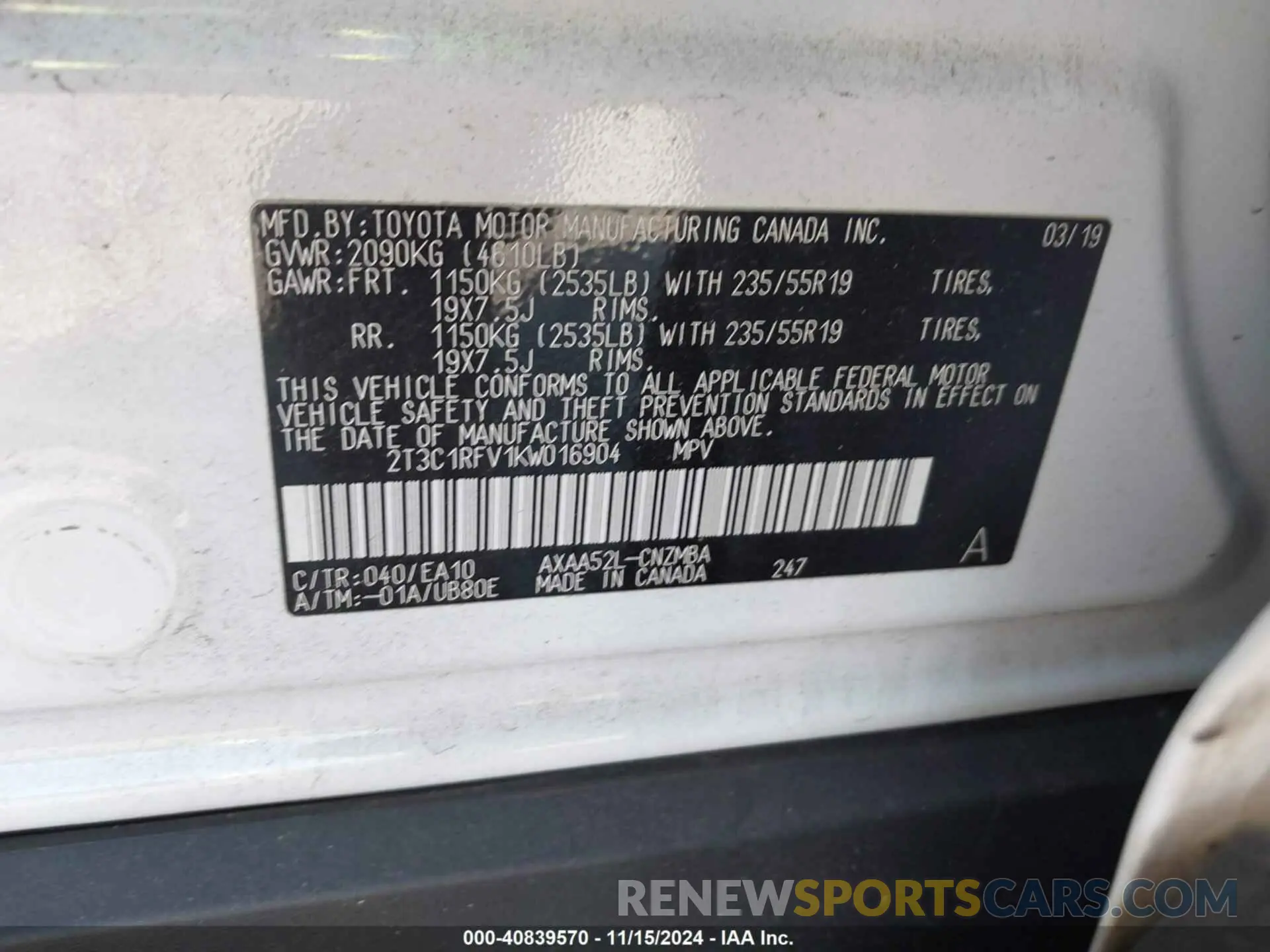 9 Photograph of a damaged car 2T3C1RFV1KW016904 TOYOTA RAV4 2019