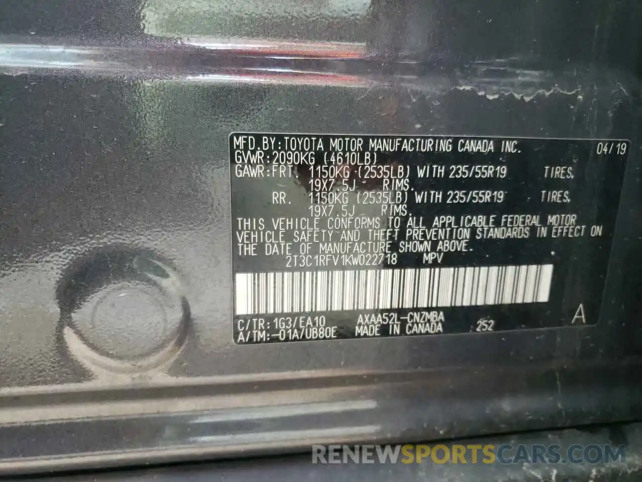 14 Photograph of a damaged car 2T3C1RFV1KW022718 TOYOTA RAV4 2019