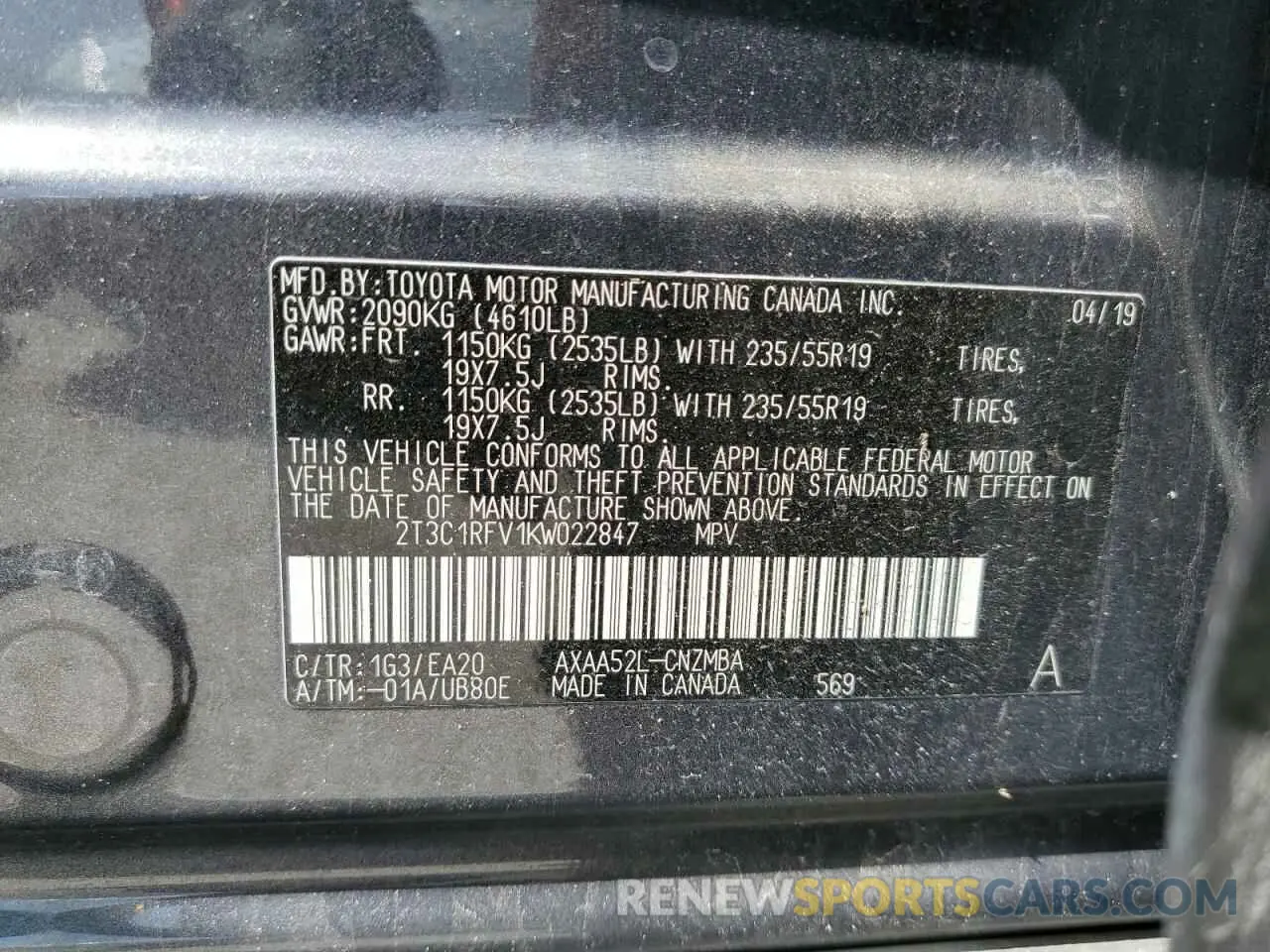 13 Photograph of a damaged car 2T3C1RFV1KW022847 TOYOTA RAV4 2019