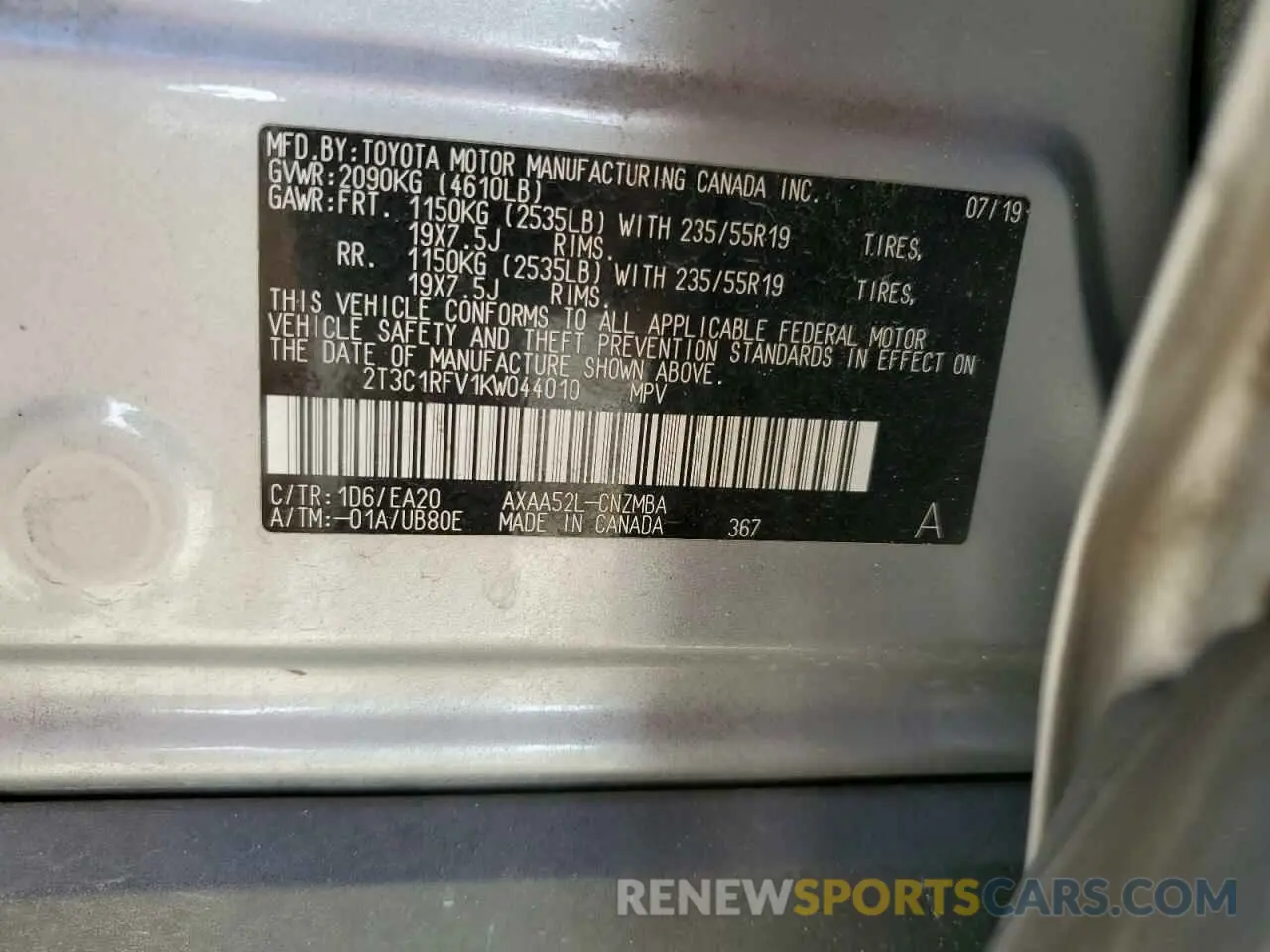 13 Photograph of a damaged car 2T3C1RFV1KW044010 TOYOTA RAV4 2019
