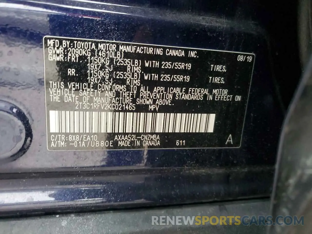 13 Photograph of a damaged car 2T3C1RFV2KC021465 TOYOTA RAV4 2019