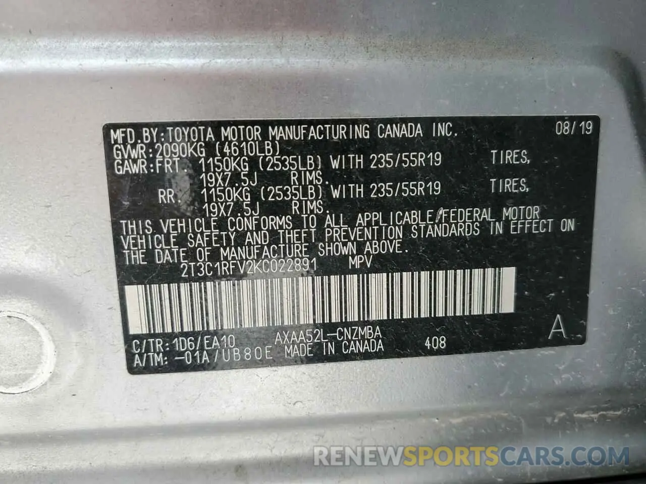 15 Photograph of a damaged car 2T3C1RFV2KC022891 TOYOTA RAV4 2019