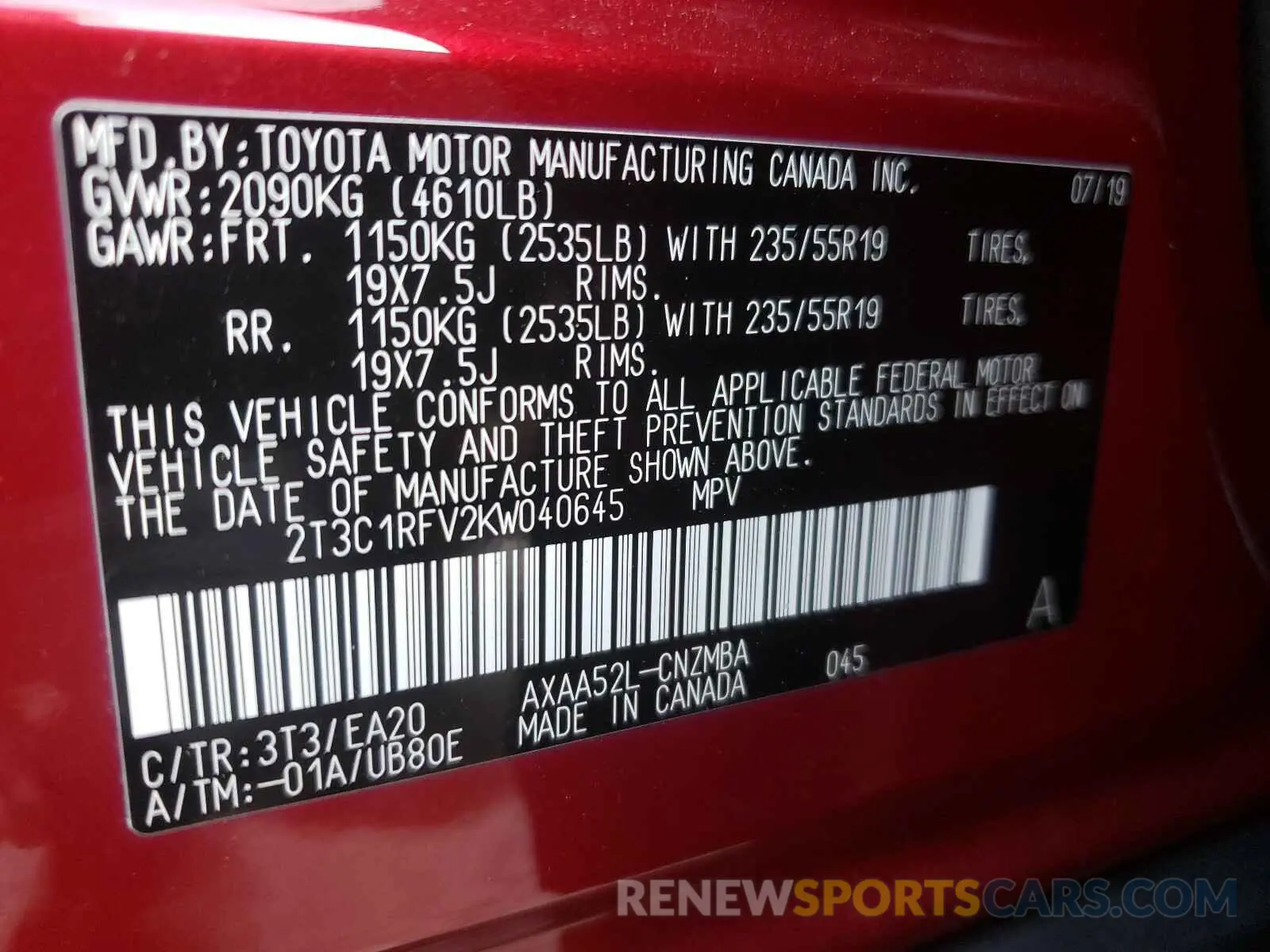 10 Photograph of a damaged car 2T3C1RFV2KW040645 TOYOTA RAV4 2019