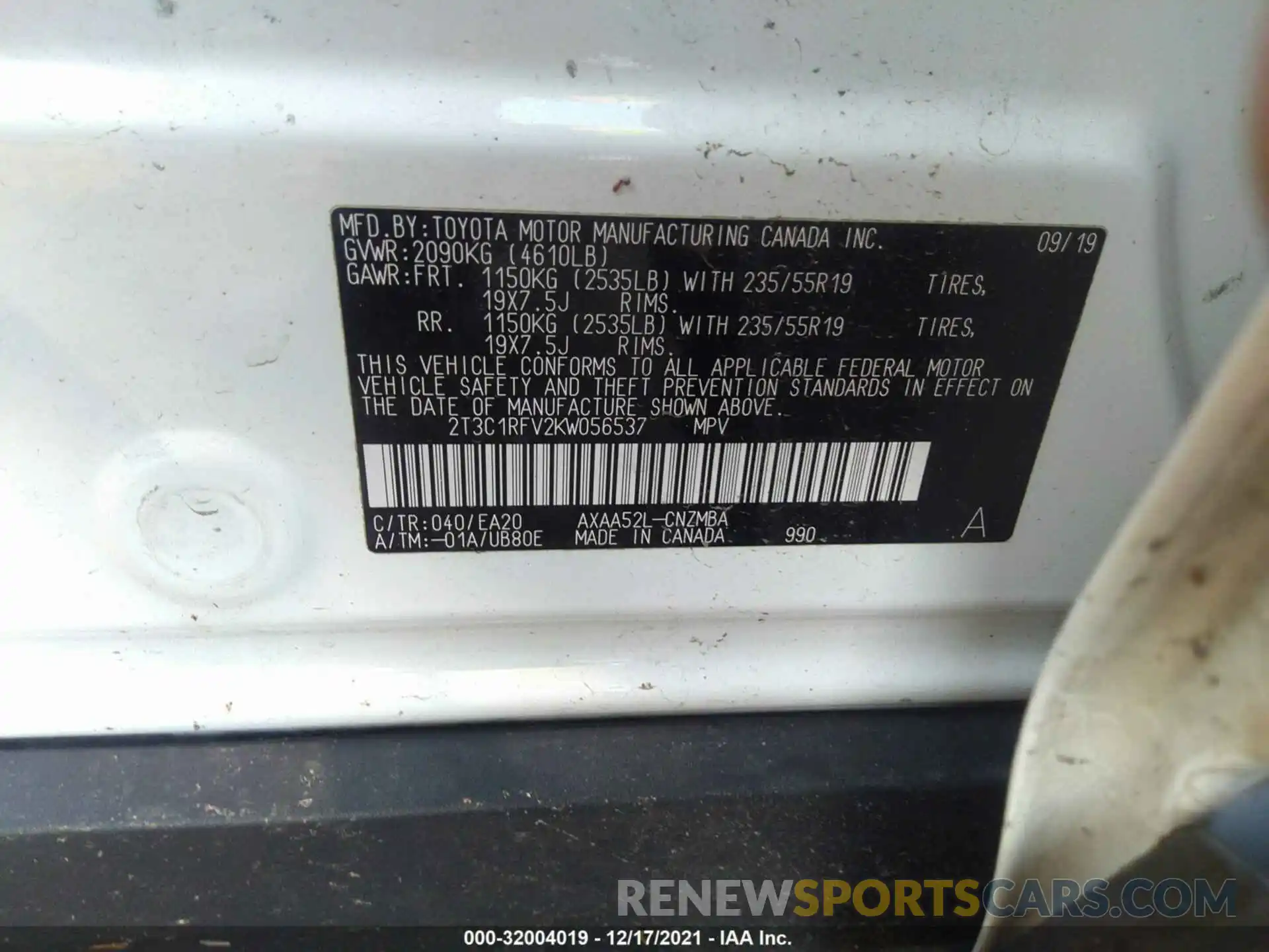 9 Photograph of a damaged car 2T3C1RFV2KW056537 TOYOTA RAV4 2019