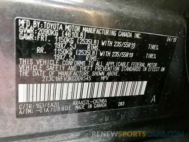 10 Photograph of a damaged car 2T3C1RFV3KC004545 TOYOTA RAV4 2019