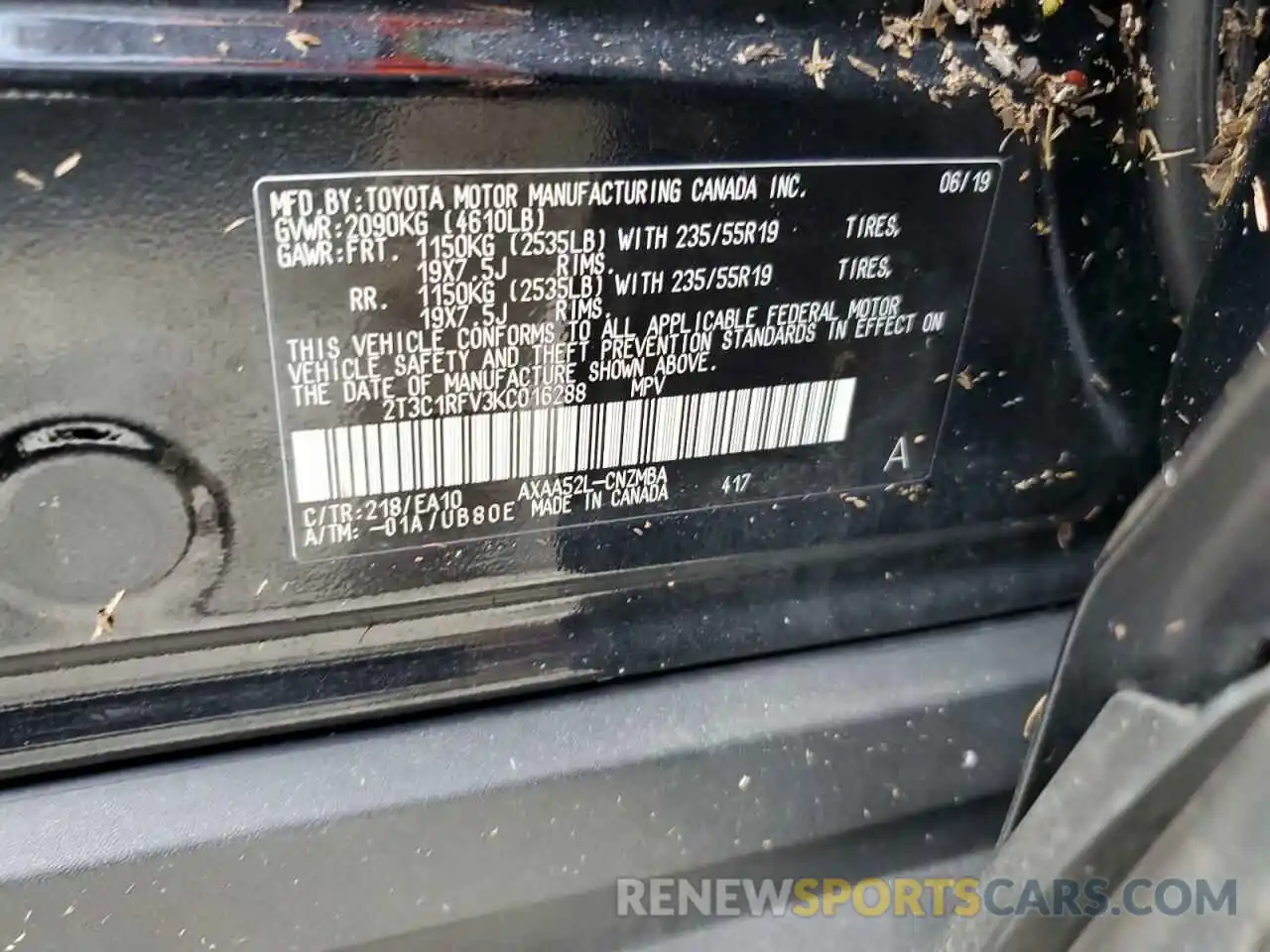 10 Photograph of a damaged car 2T3C1RFV3KC016288 TOYOTA RAV4 2019