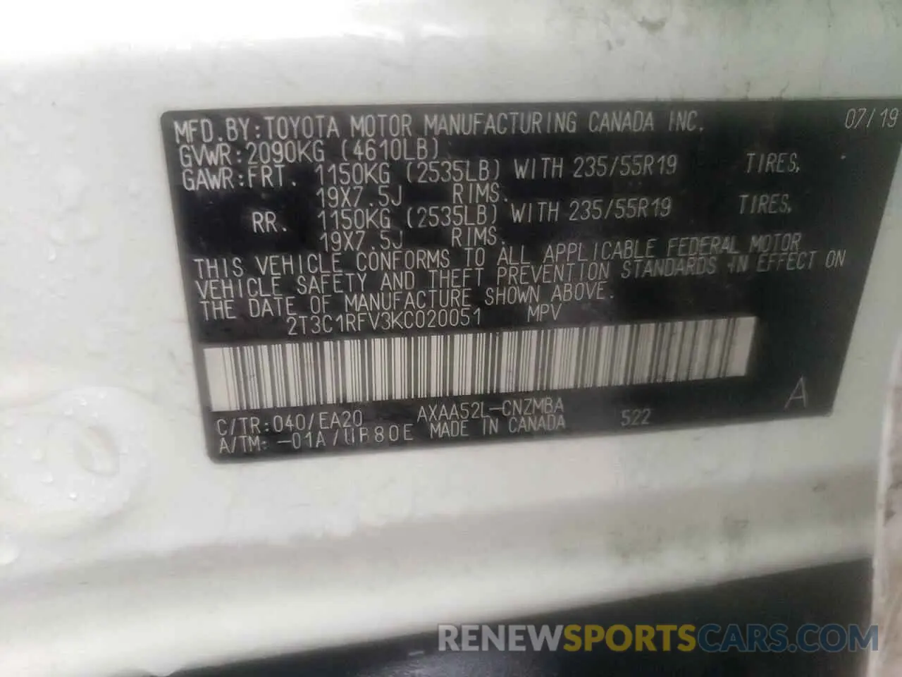 12 Photograph of a damaged car 2T3C1RFV3KC020051 TOYOTA RAV4 2019