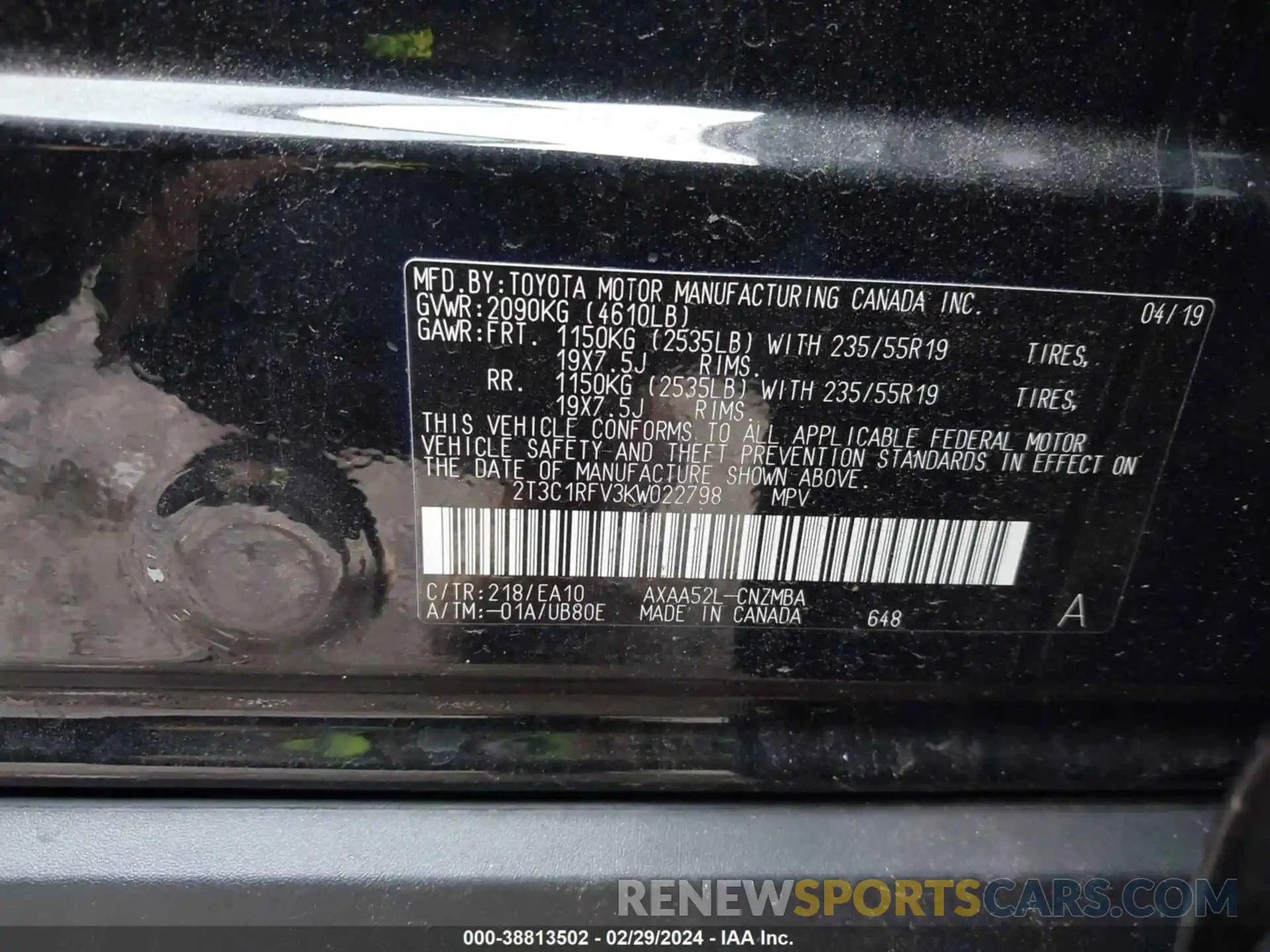 9 Photograph of a damaged car 2T3C1RFV3KW022798 TOYOTA RAV4 2019