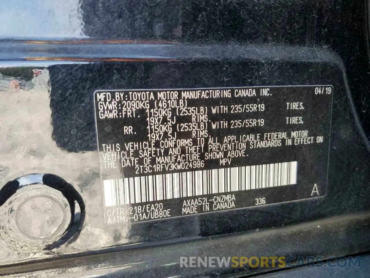 14 Photograph of a damaged car 2T3C1RFV3KW024986 TOYOTA RAV4 2019