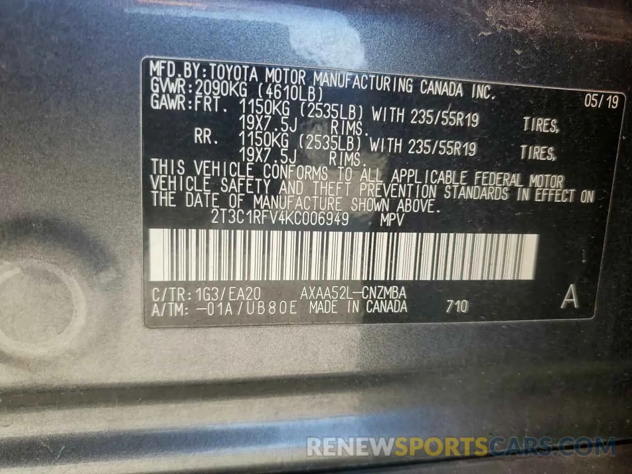 13 Photograph of a damaged car 2T3C1RFV4KC006949 TOYOTA RAV4 2019