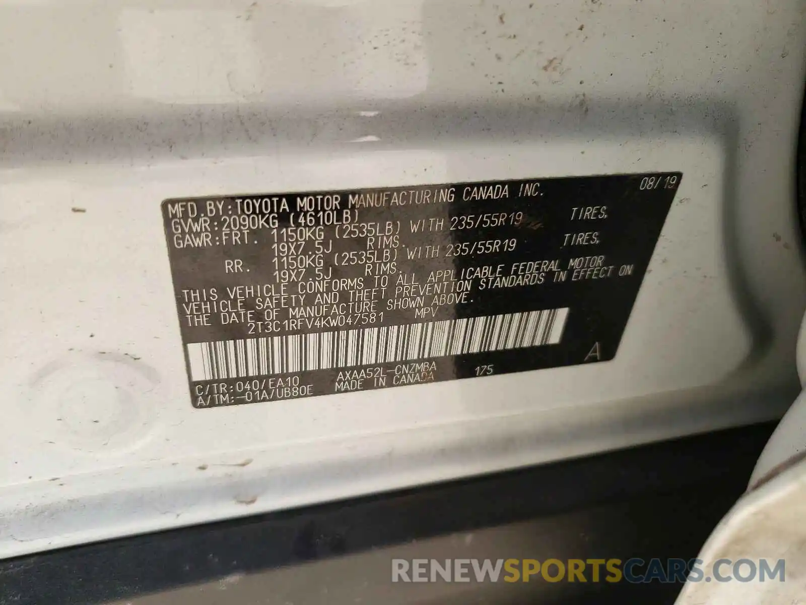 10 Photograph of a damaged car 2T3C1RFV4KW047581 TOYOTA RAV4 2019