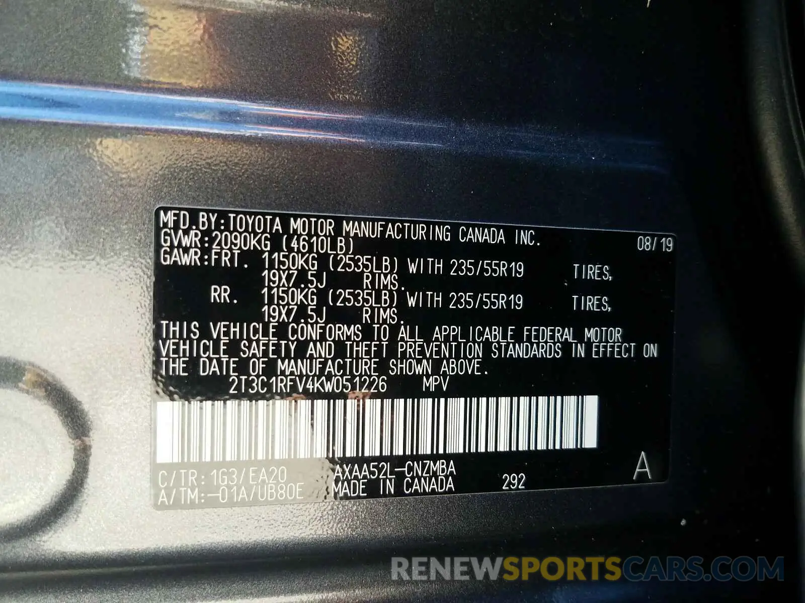10 Photograph of a damaged car 2T3C1RFV4KW051226 TOYOTA RAV4 2019