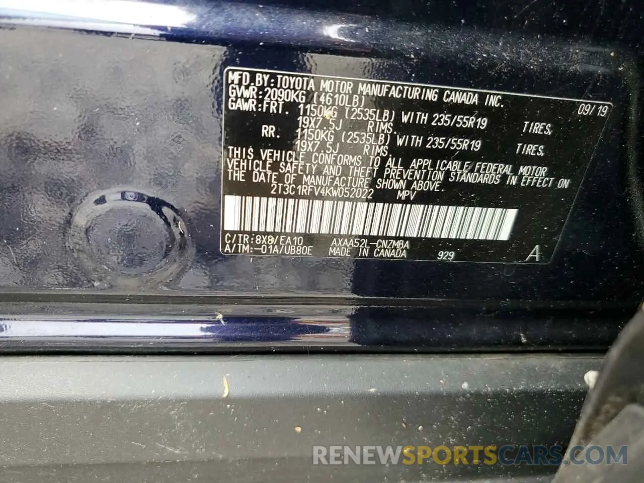 12 Photograph of a damaged car 2T3C1RFV4KW052022 TOYOTA RAV4 2019