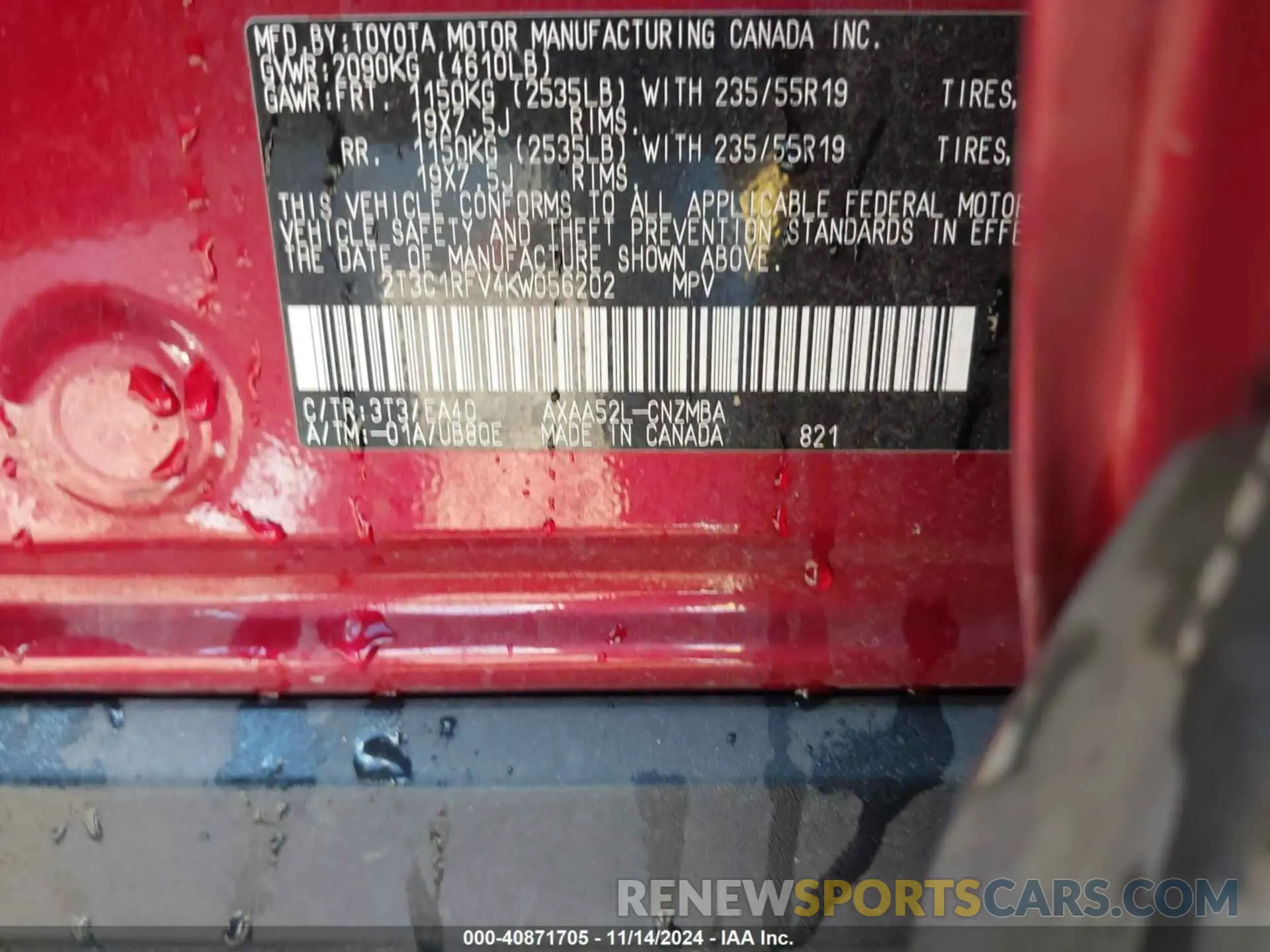 9 Photograph of a damaged car 2T3C1RFV4KW056202 TOYOTA RAV4 2019