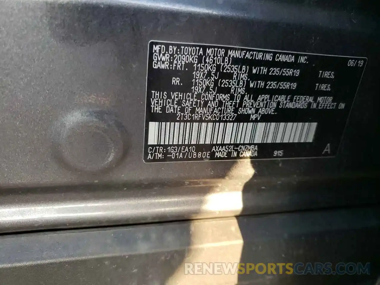 13 Photograph of a damaged car 2T3C1RFV5KC013327 TOYOTA RAV4 2019