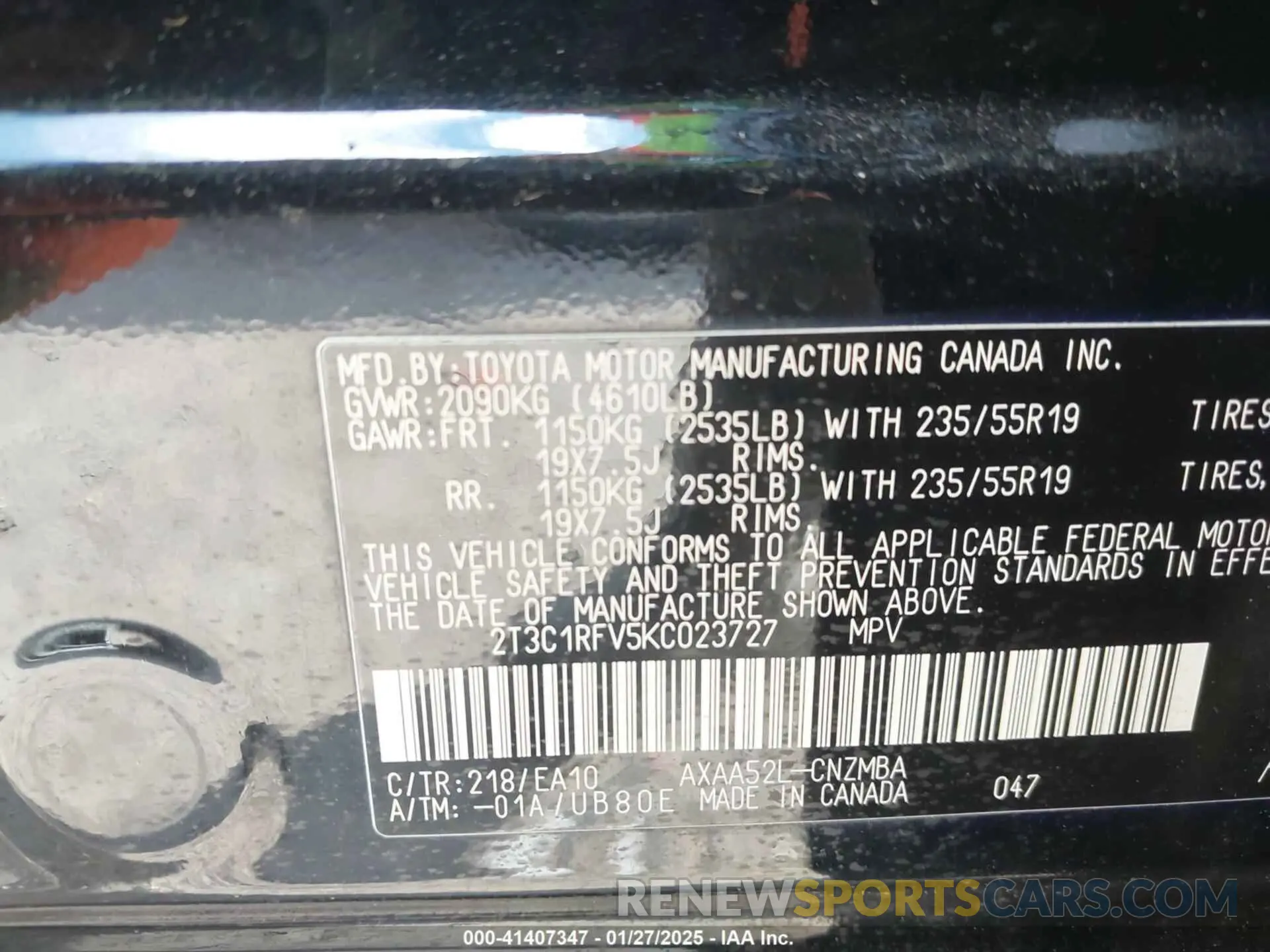 9 Photograph of a damaged car 2T3C1RFV5KC023727 TOYOTA RAV4 2019