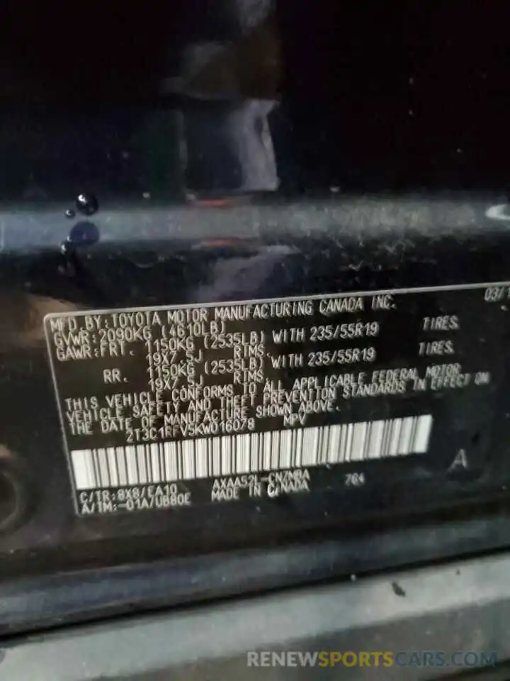 13 Photograph of a damaged car 2T3C1RFV5KW016078 TOYOTA RAV4 2019