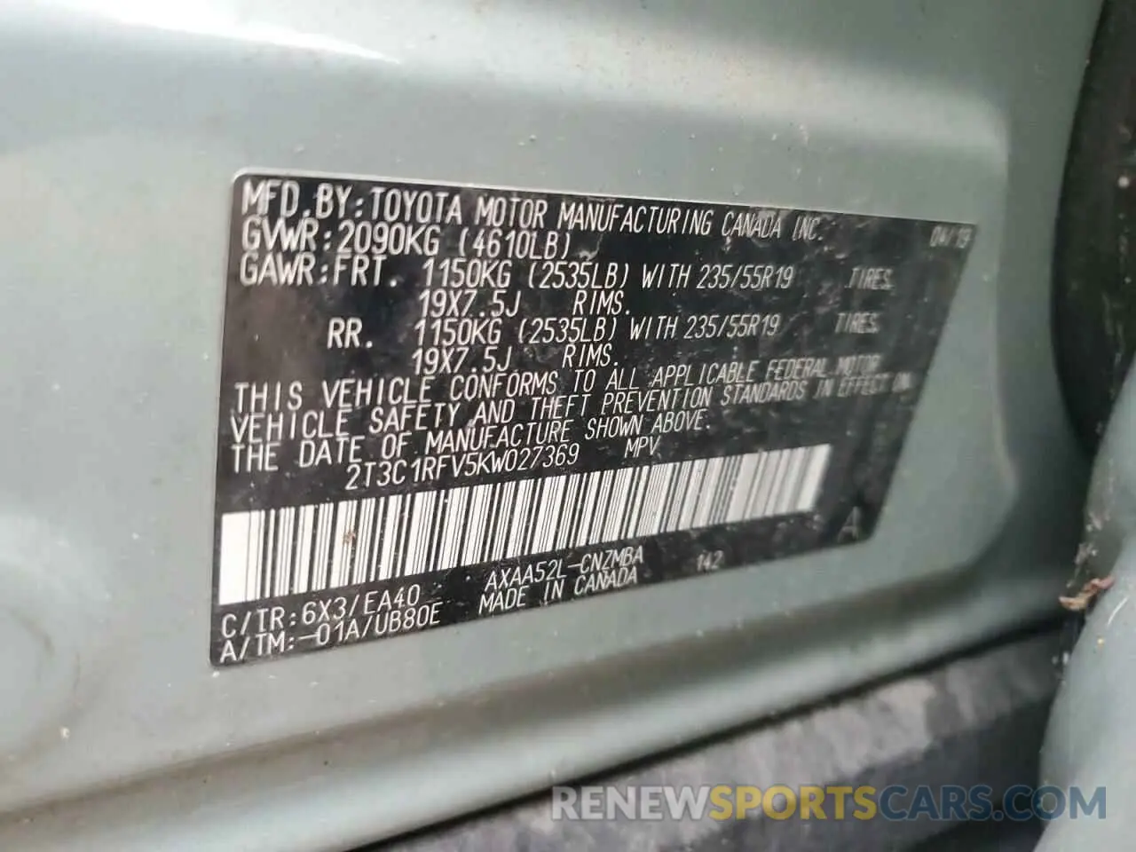 15 Photograph of a damaged car 2T3C1RFV5KW027369 TOYOTA RAV4 2019