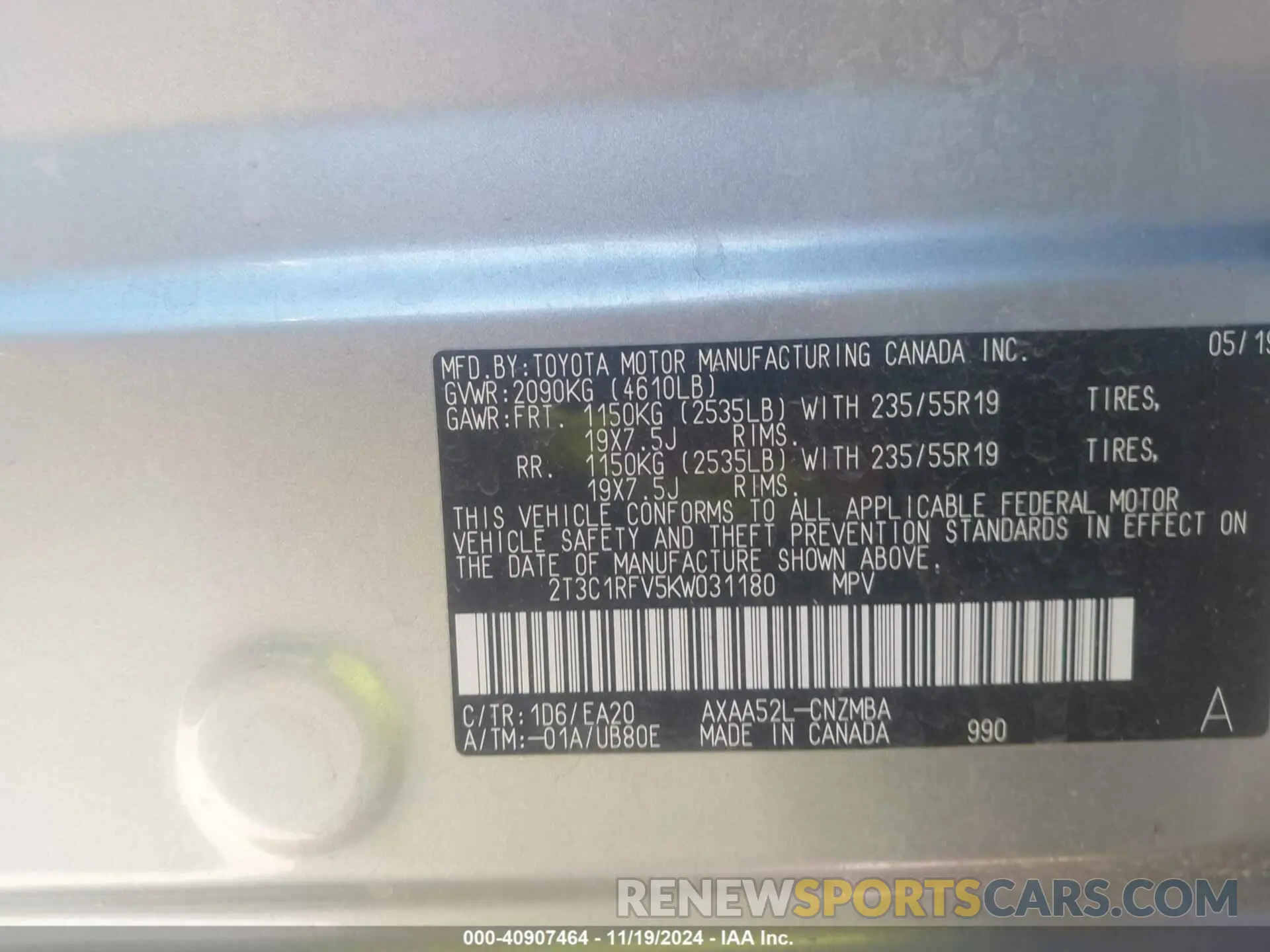 9 Photograph of a damaged car 2T3C1RFV5KW031180 TOYOTA RAV4 2019