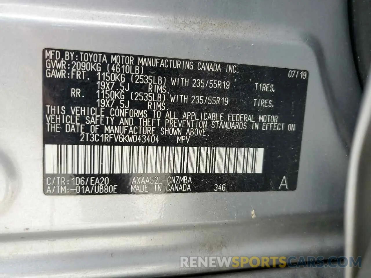 13 Photograph of a damaged car 2T3C1RFV6KW043404 TOYOTA RAV4 2019