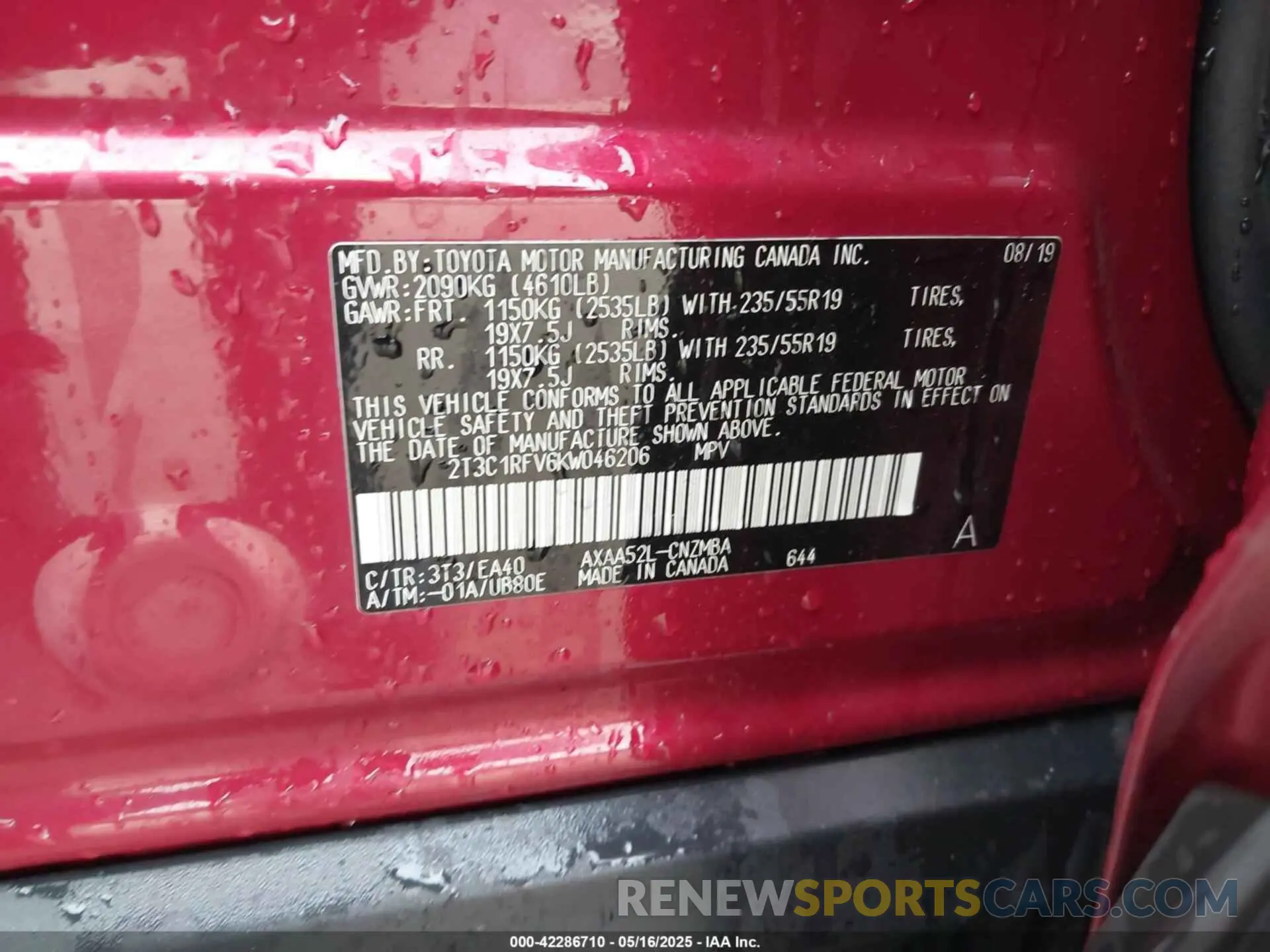 9 Photograph of a damaged car 2T3C1RFV6KW046206 TOYOTA RAV4 2019