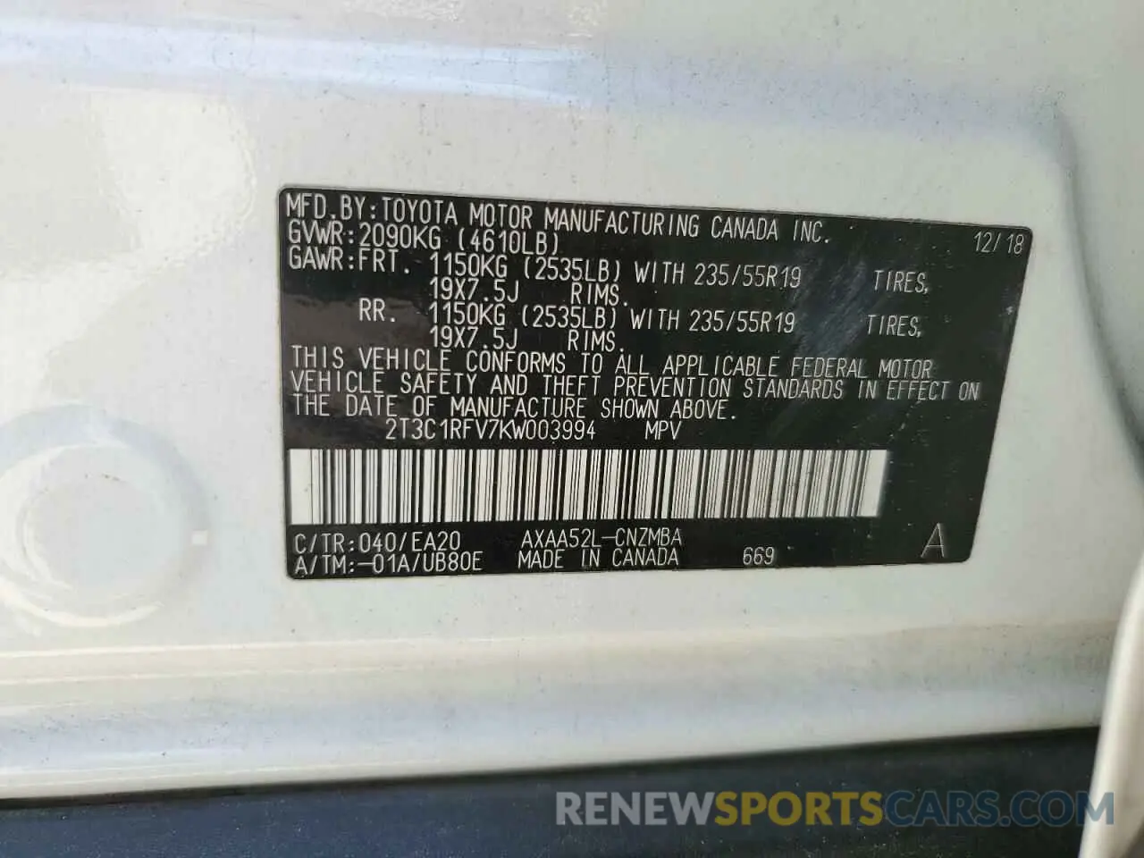 13 Photograph of a damaged car 2T3C1RFV7KW003994 TOYOTA RAV4 2019
