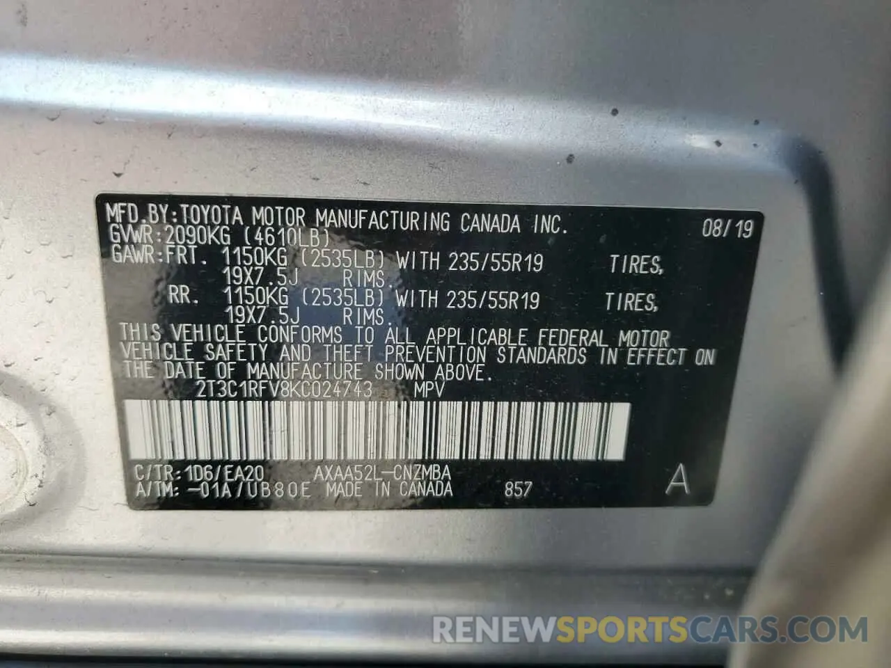 15 Photograph of a damaged car 2T3C1RFV8KC024743 TOYOTA RAV4 2019