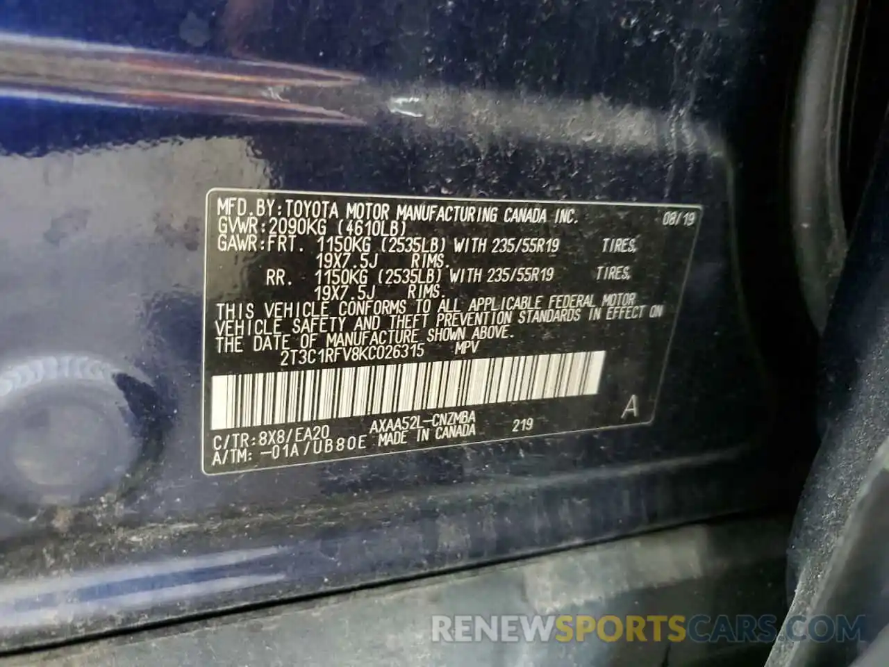 13 Photograph of a damaged car 2T3C1RFV8KC026315 TOYOTA RAV4 2019