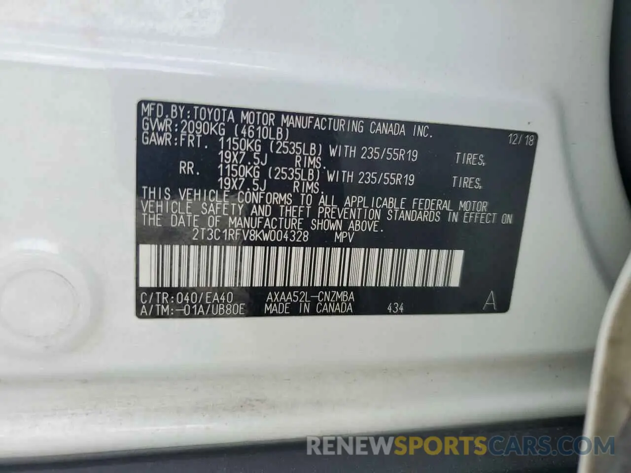 13 Photograph of a damaged car 2T3C1RFV8KW004328 TOYOTA RAV4 2019