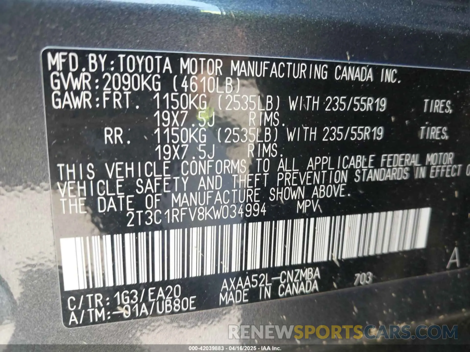 9 Photograph of a damaged car 2T3C1RFV8KW034994 TOYOTA RAV4 2019