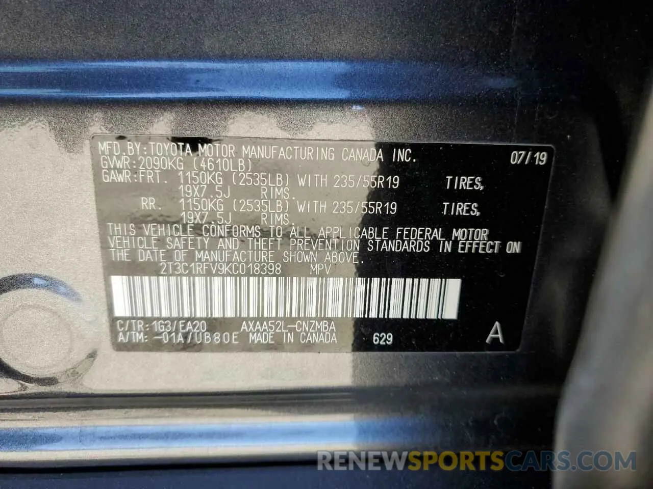 14 Photograph of a damaged car 2T3C1RFV9KC018398 TOYOTA RAV4 2019