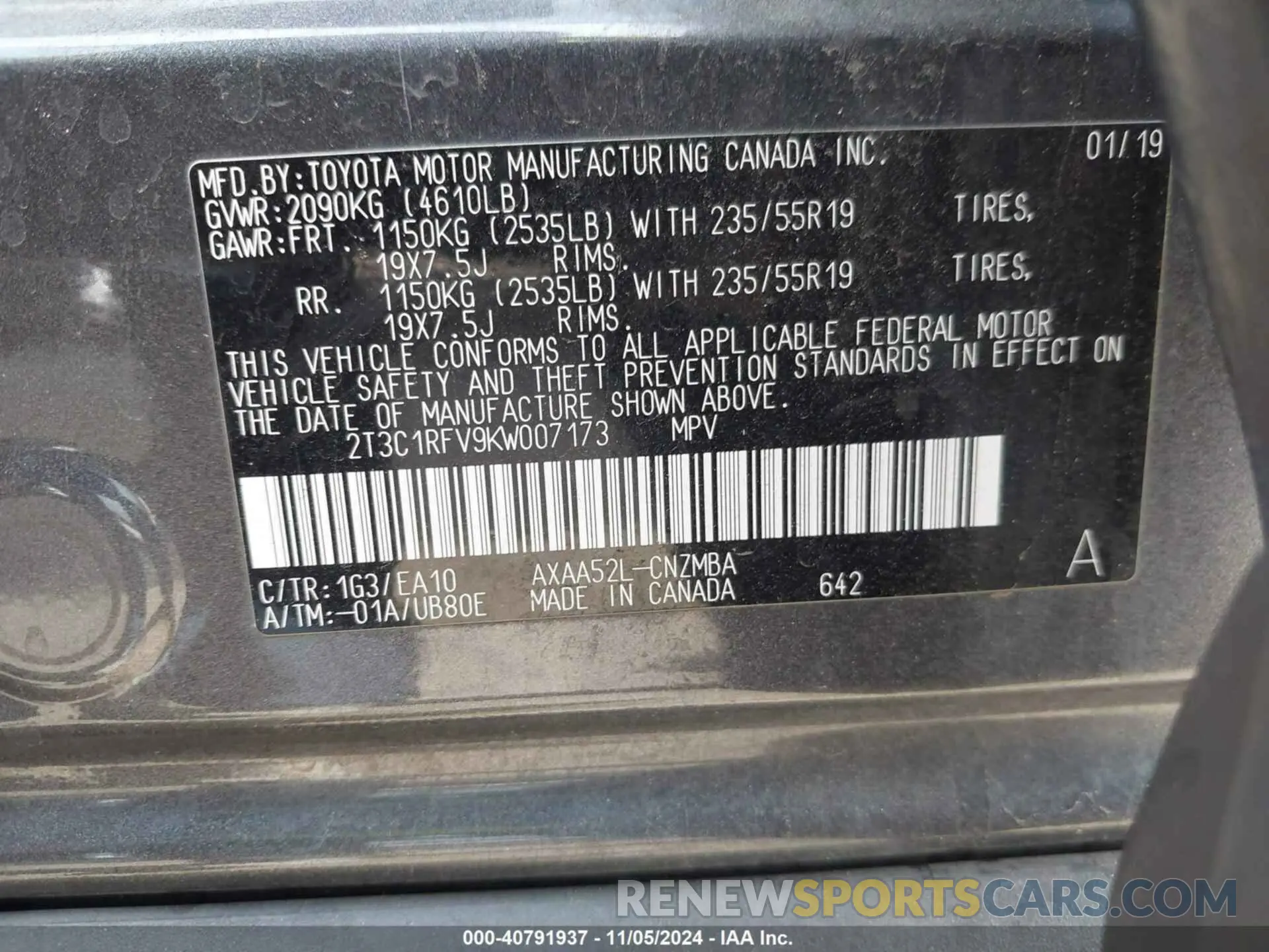 9 Photograph of a damaged car 2T3C1RFV9KW007173 TOYOTA RAV4 2019