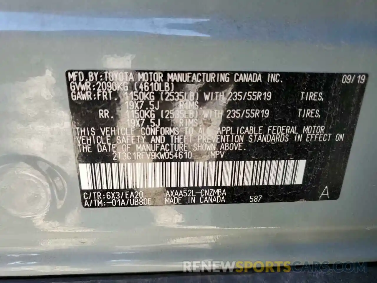 10 Photograph of a damaged car 2T3C1RFV9KW054610 TOYOTA RAV4 2019