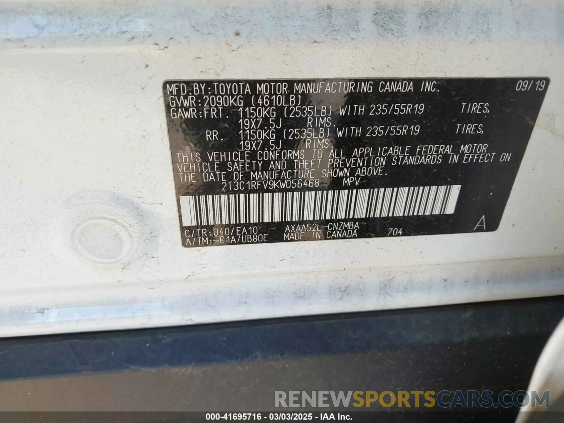 9 Photograph of a damaged car 2T3C1RFV9KW056468 TOYOTA RAV4 2019
