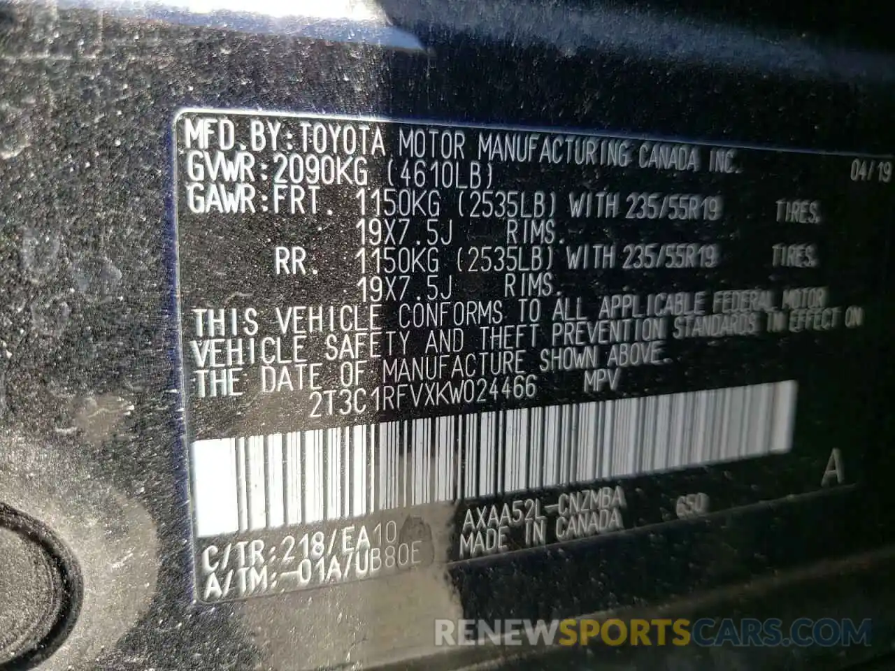 10 Photograph of a damaged car 2T3C1RFVXKW024466 TOYOTA RAV4 2019