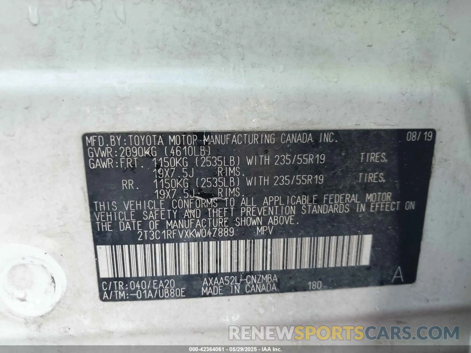 9 Photograph of a damaged car 2T3C1RFVXKW047889 TOYOTA RAV4 2019