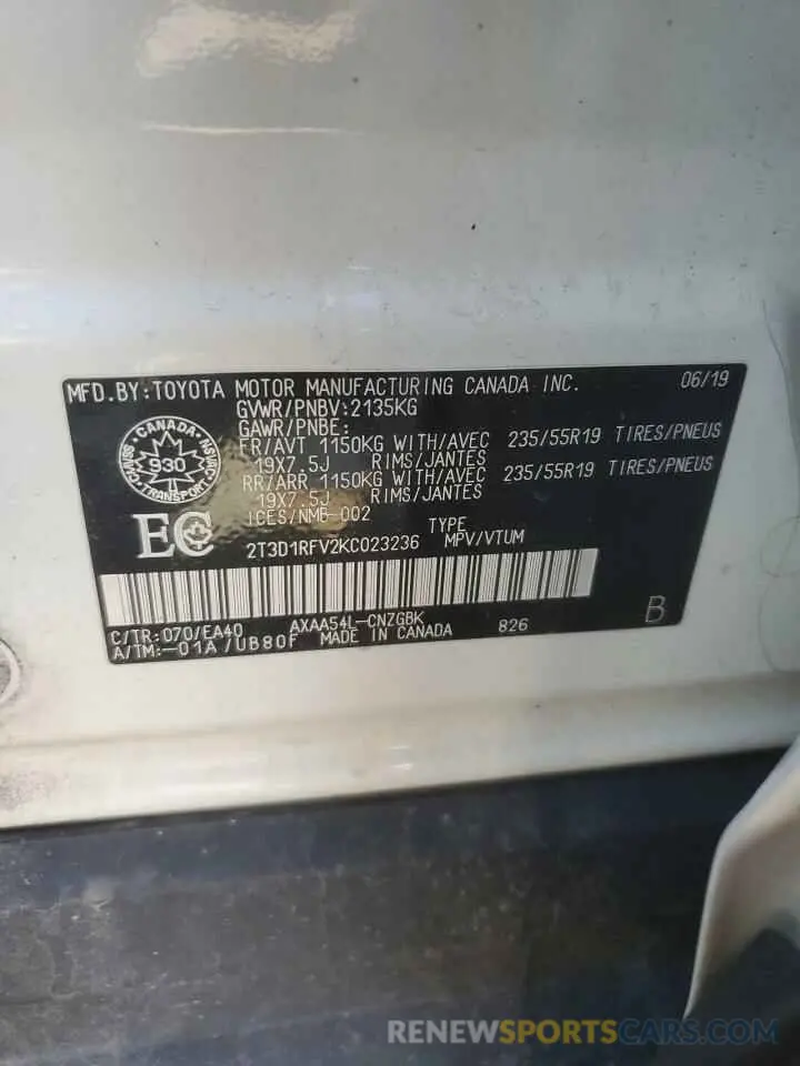 14 Photograph of a damaged car 2T3D1RFV2KC023236 TOYOTA RAV4 2019