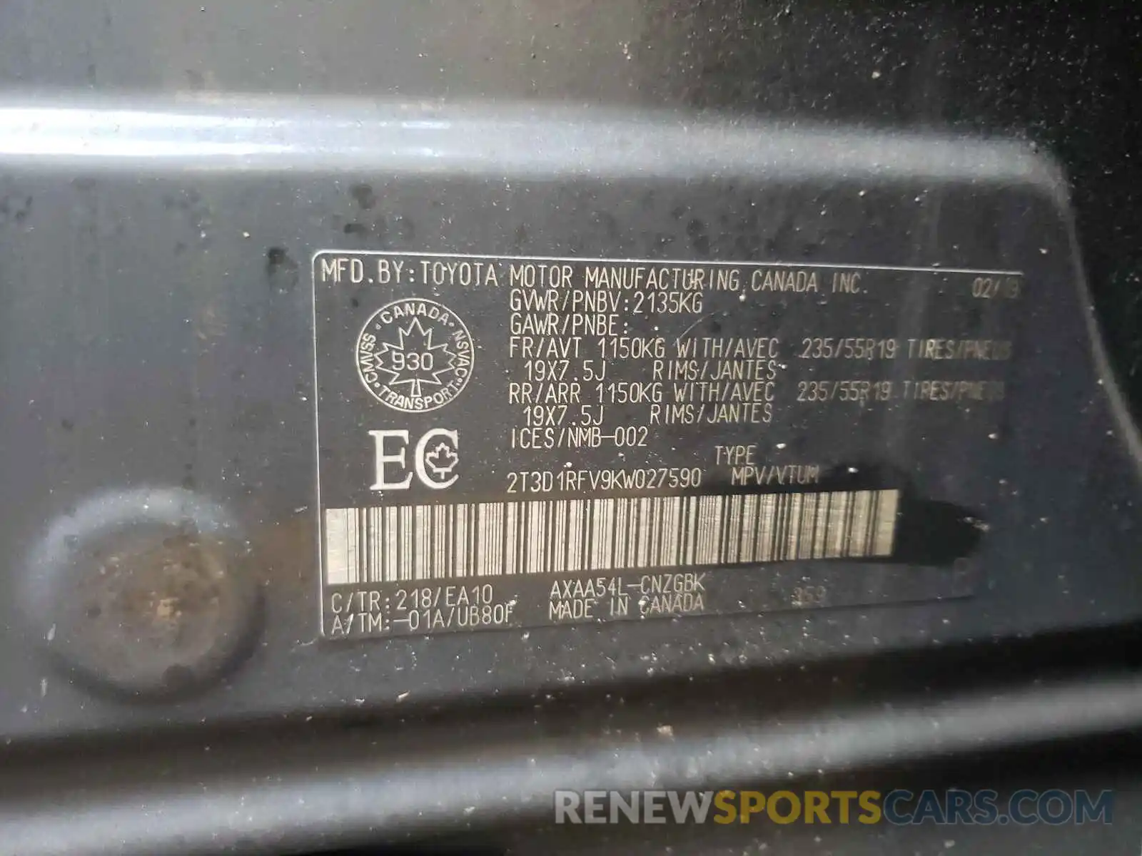 10 Photograph of a damaged car 2T3D1RFV9KW027590 TOYOTA RAV4 2019