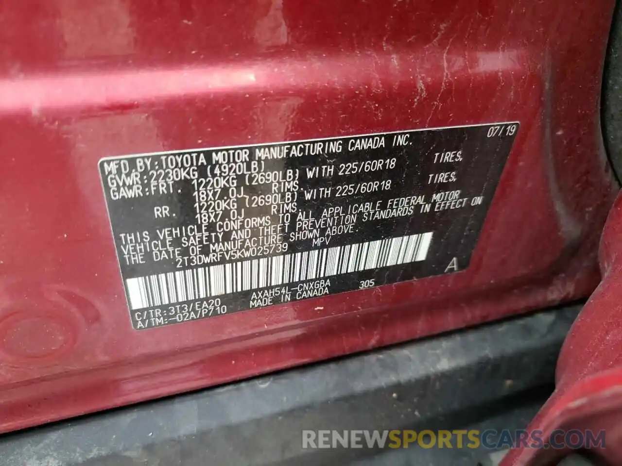 10 Photograph of a damaged car 2T3DWRFV5KW025739 TOYOTA RAV4 2019