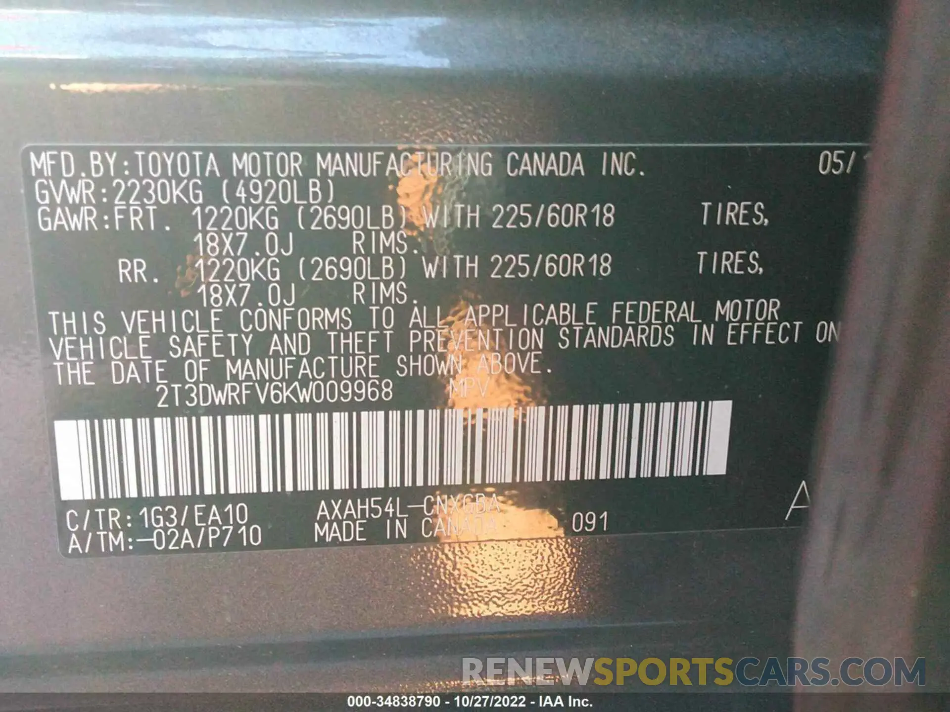 9 Photograph of a damaged car 2T3DWRFV6KW009968 TOYOTA RAV4 2019