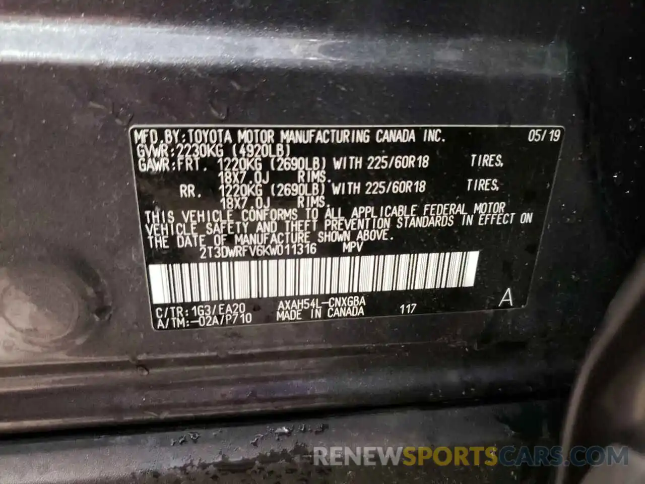 10 Photograph of a damaged car 2T3DWRFV6KW011316 TOYOTA RAV4 2019