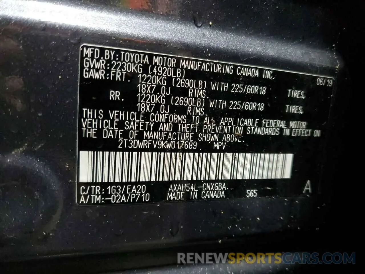 13 Photograph of a damaged car 2T3DWRFV9KW017689 TOYOTA RAV4 2019