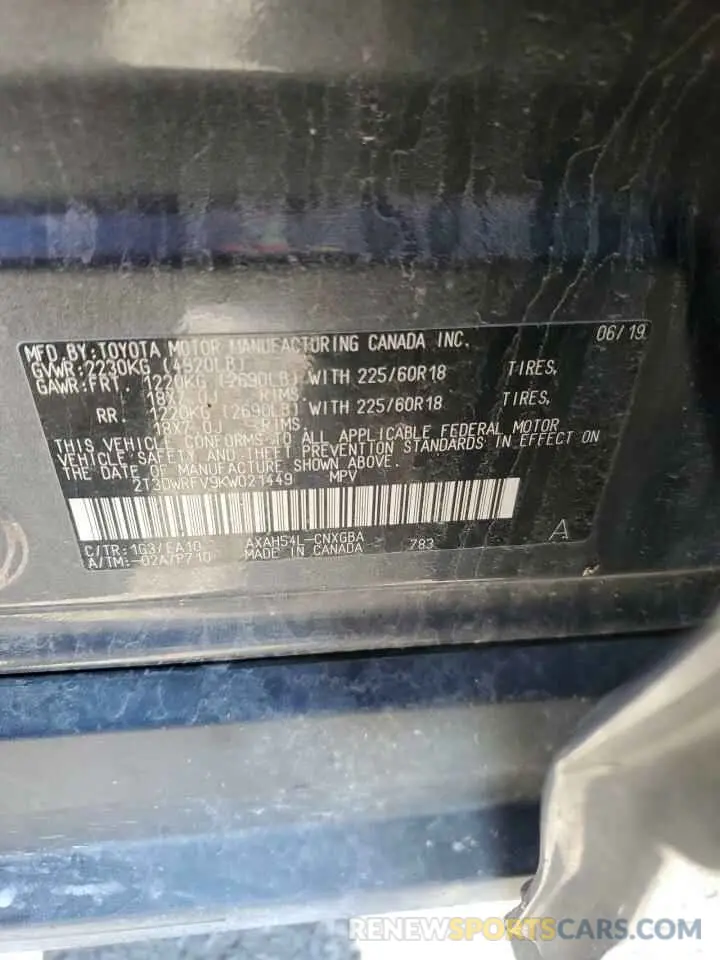 13 Photograph of a damaged car 2T3DWRFV9KW021449 TOYOTA RAV4 2019