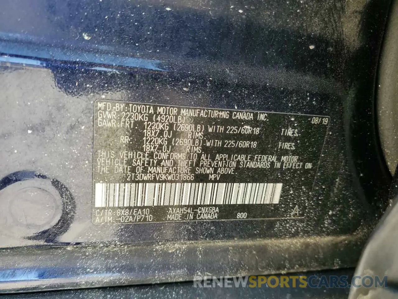 13 Photograph of a damaged car 2T3DWRFV9KW031866 TOYOTA RAV4 2019
