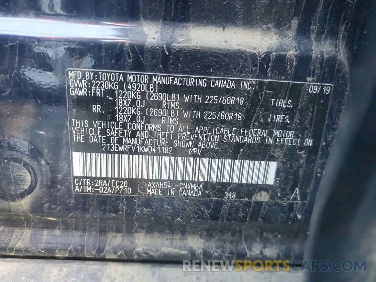 13 Photograph of a damaged car 2T3EWRFV1KW041182 TOYOTA RAV4 2019