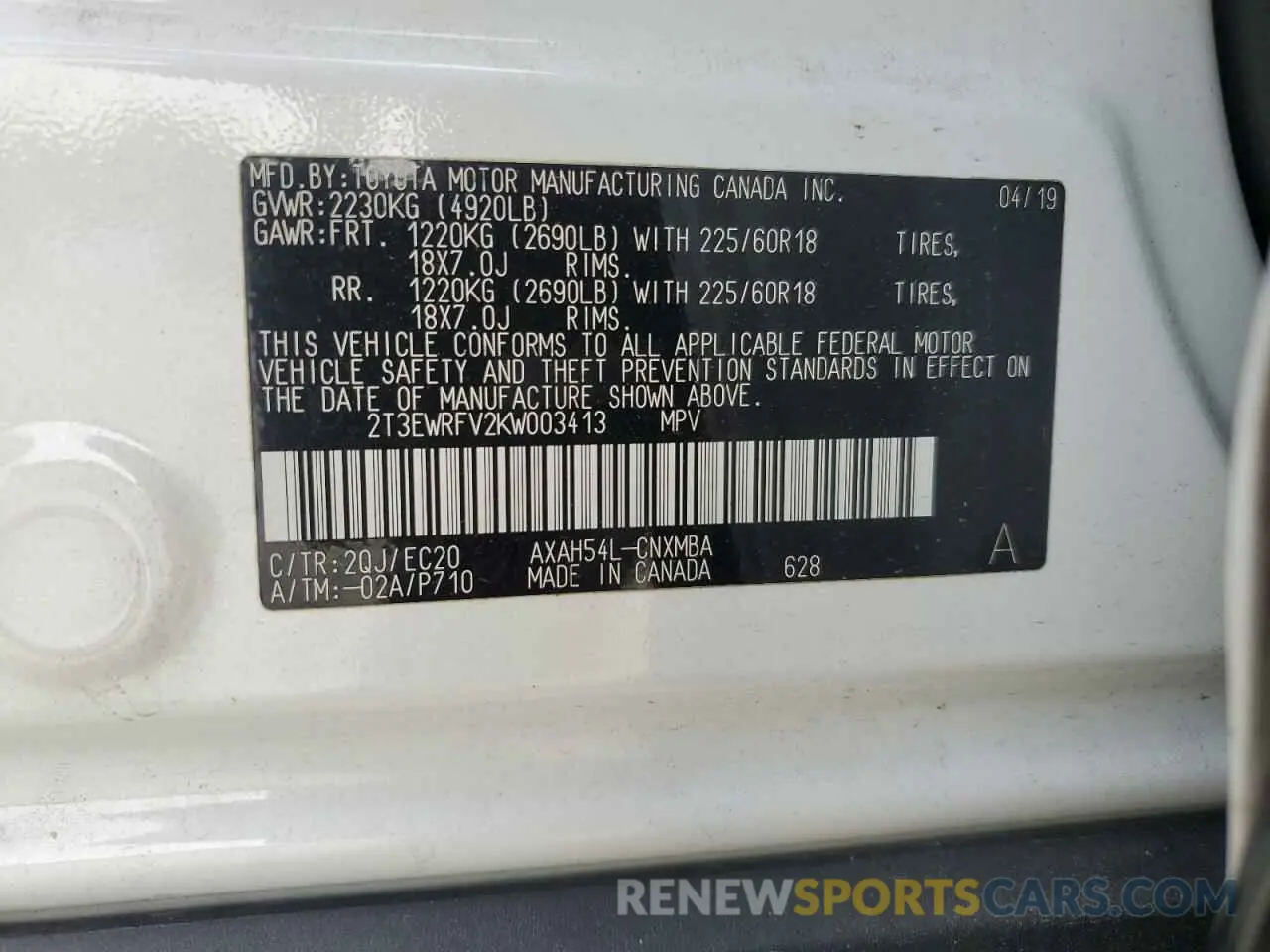 13 Photograph of a damaged car 2T3EWRFV2KW003413 TOYOTA RAV4 2019