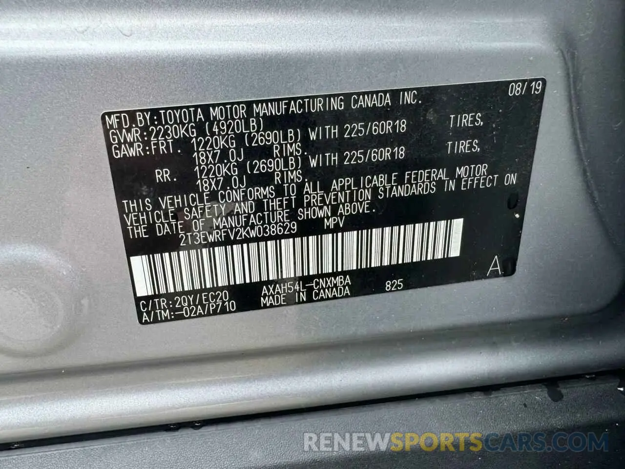 10 Photograph of a damaged car 2T3EWRFV2KW038629 TOYOTA RAV4 2019