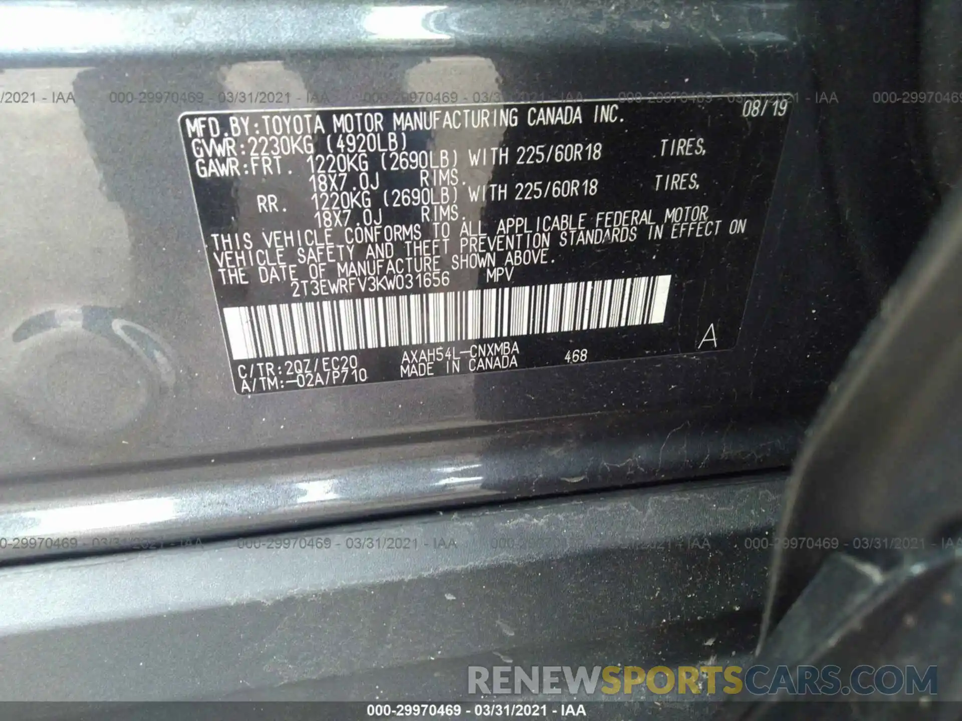 9 Photograph of a damaged car 2T3EWRFV3KW031656 TOYOTA RAV4 2019