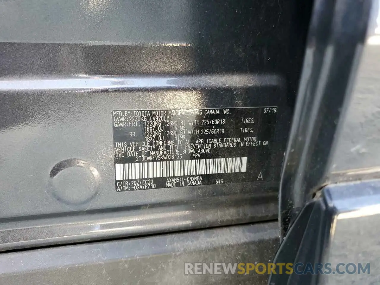 13 Photograph of a damaged car 2T3EWRFV5KW026135 TOYOTA RAV4 2019